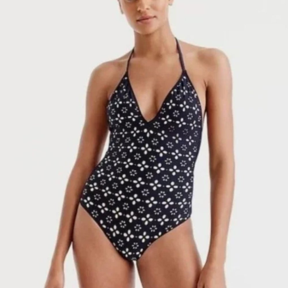 J.Crew Halter One-Piece Swimsuit in Navy Laser-Cut Eyelet